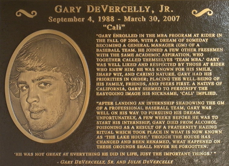 Plaque posted at 'The Lake House' in memory of Gary DeVercelly Jr.